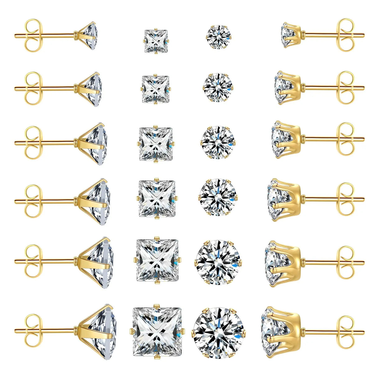 Gold Stainless Steel Stud Earrings, 12 Pairs, Square & Round Cubic Zirconia