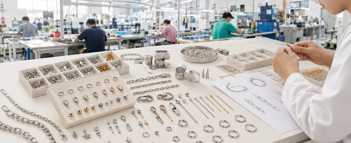 Custom stainless steel jewelry components being measured, reviewed and prepared for manufacturing in a production workshop