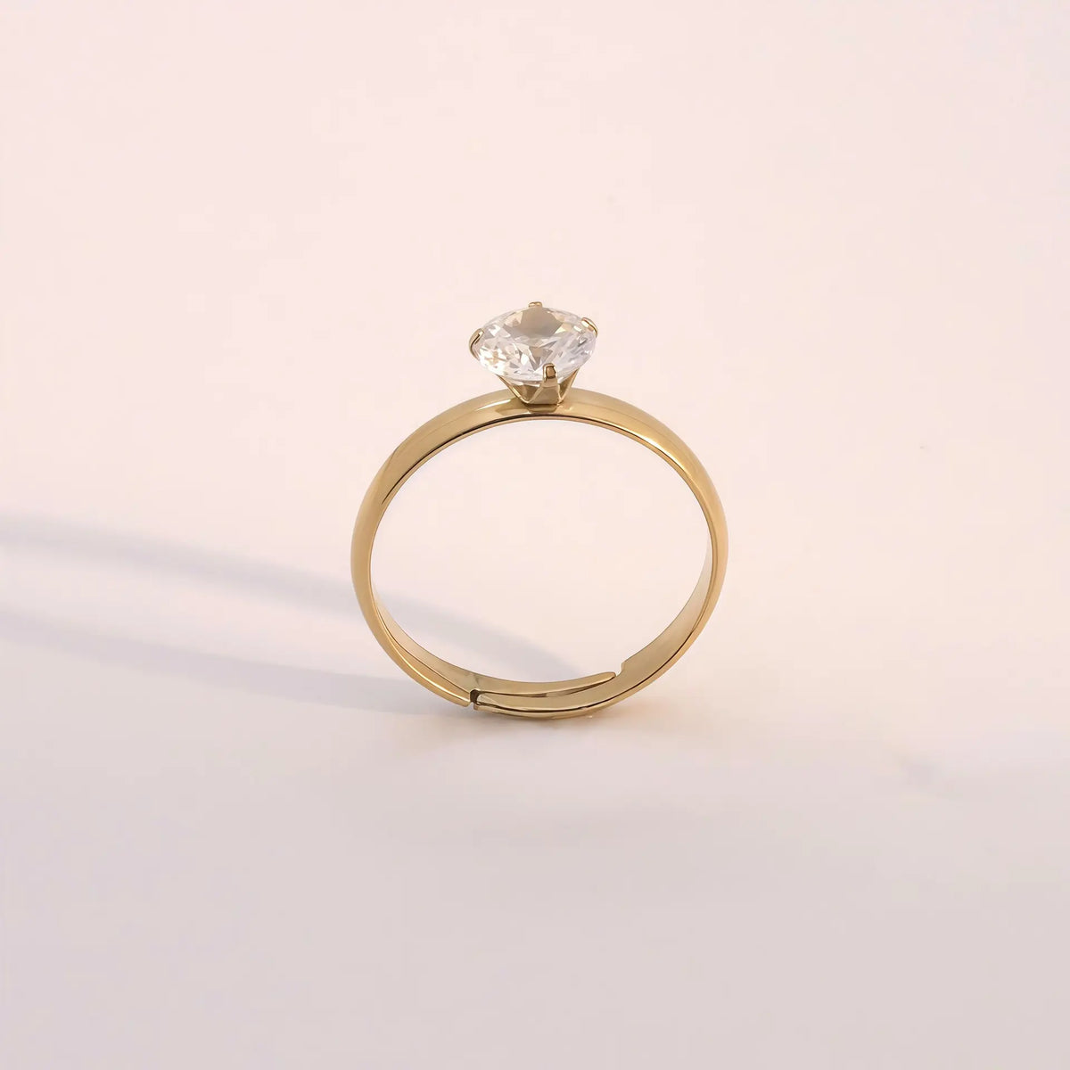 Gold Stainless Steel Adjustable Solitaire CZ Ring