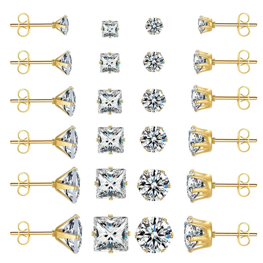 Gold Stainless Steel Stud Earrings, 12 Pairs, Square & Round Cubic Zirconia