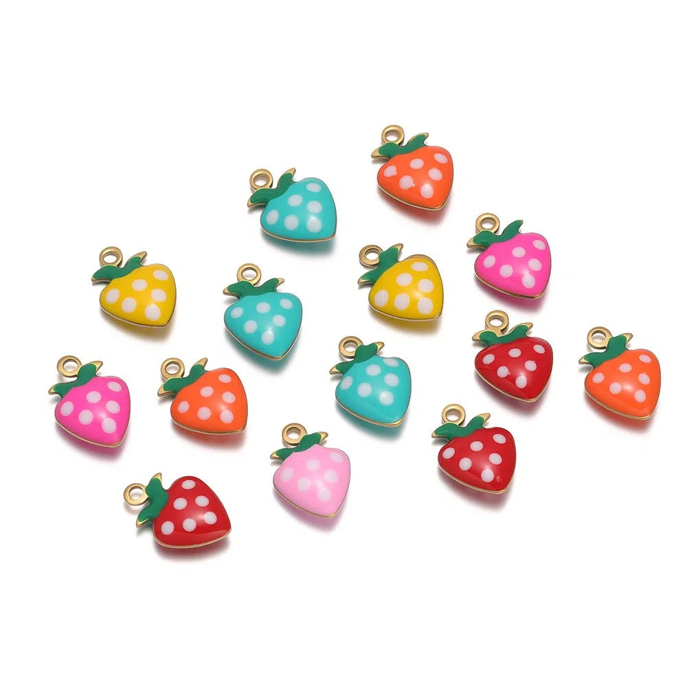 Stainless Steel Enamel Strawberry Charms