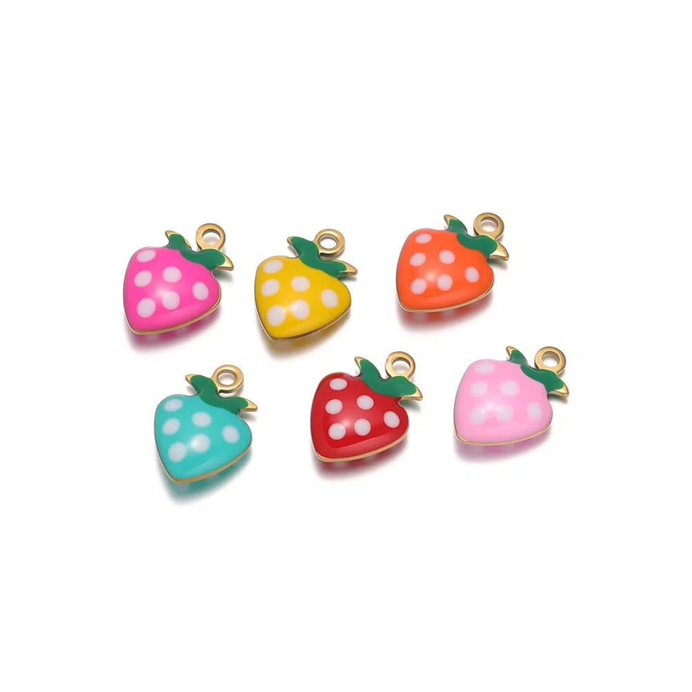 Stainless Steel Enamel Strawberry Charms