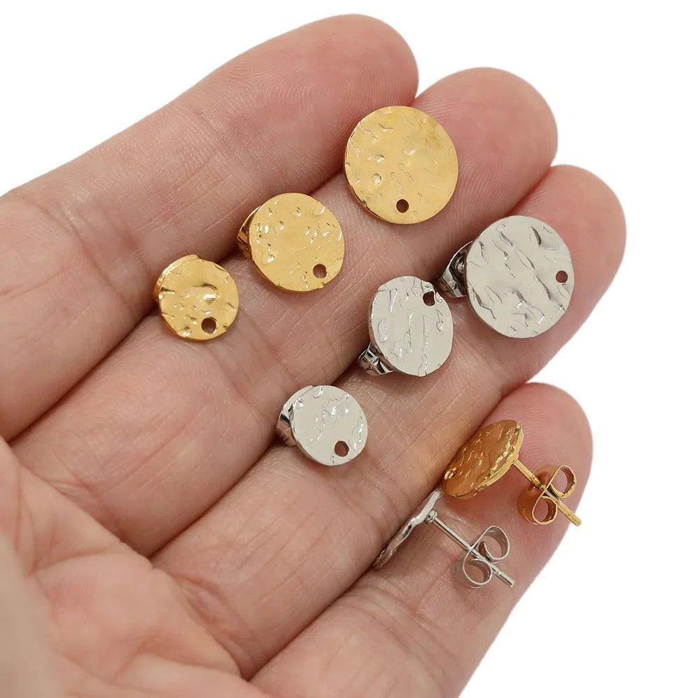 Stainless Steel Hammered Round Stud Earrings with Hole
