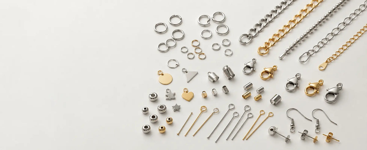 Stainless steel jewelry making supplies including jump rings, clasps, chains, charms, beads and pins
