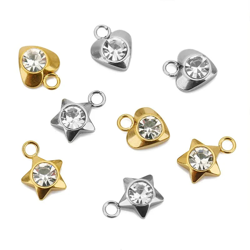 Stainless Steel Rhinestone Heart & Star Charms