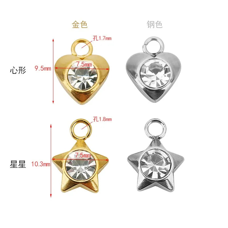 Stainless Steel Rhinestone Heart & Star Charms